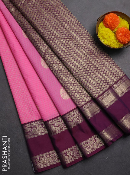 Semi kanchipuram silk saree pink and wine shade with allover zari checks & buttas and rettapet zari woven korvai border