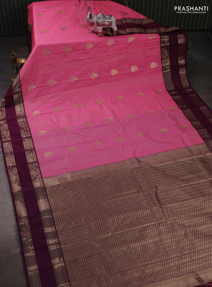Semi kanchipuram silk saree pink and wine shade with allover zari checks & buttas and rettapet zari woven korvai border