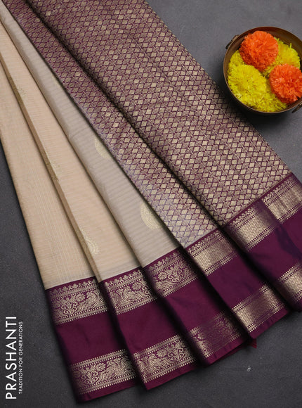 Semi kanchipuram silk saree beige and wine shade with allover zari checks & buttas and rettapet zari woven korvai border