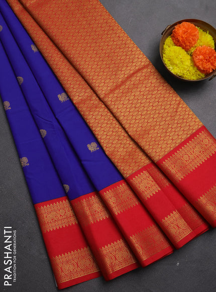 Semi kanchipuram silk saree blue and red with zari woven buttas and rettapet zari woven korvai border