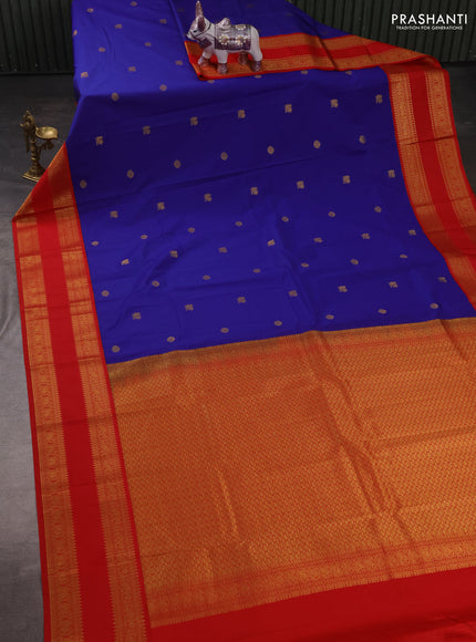 Semi kanchipuram silk saree blue and red with zari woven buttas and rettapet zari woven korvai border