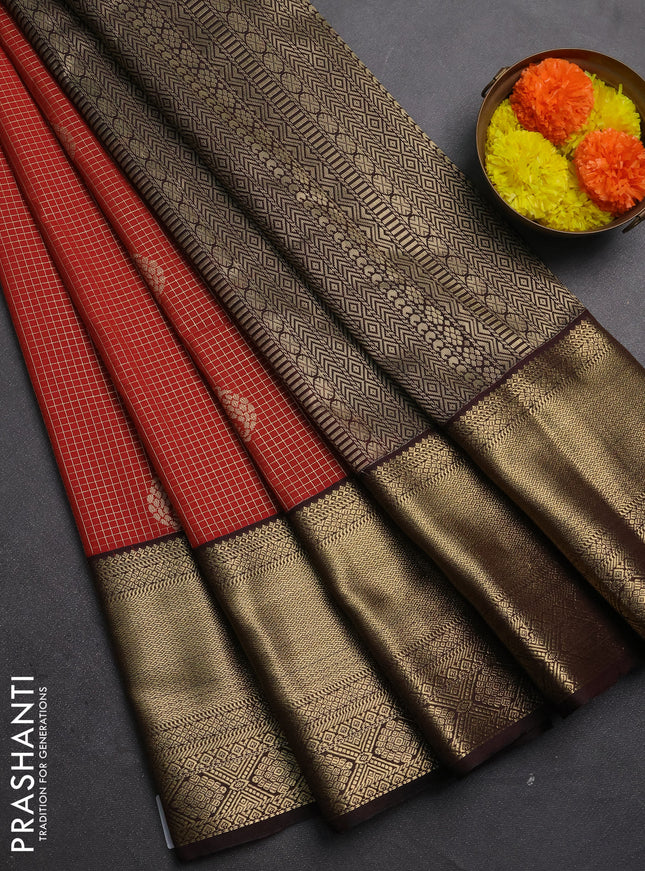 Semi kanchipuram silk saree rust shade and coffee brown with allover zari weaves & buttas and long zari woven border