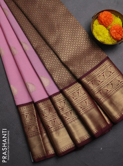 Semi kanchipuram silk saree pastel pink and maroon with zari woven buttas and rich zari woven border