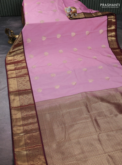 Semi kanchipuram silk saree pastel pink and maroon with zari woven buttas and rich zari woven border