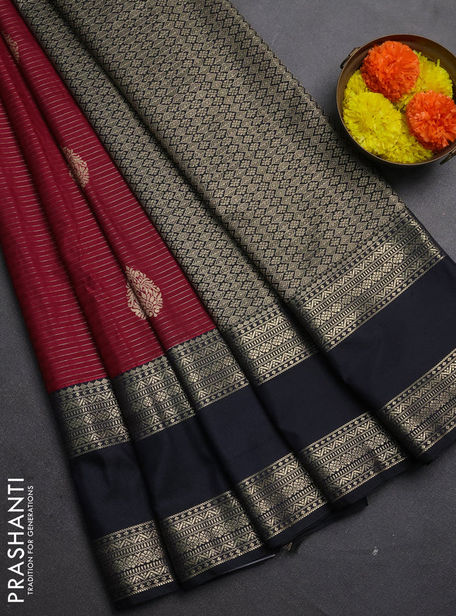 Semi kanchipuram silk saree maroon and black with allover zari weaves & buttas and long rettapet zari woven korvai border