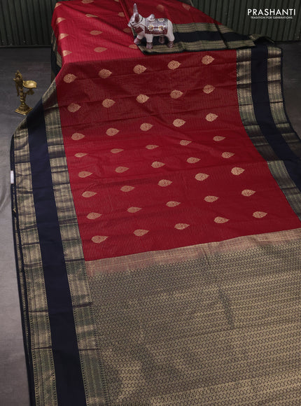Semi kanchipuram silk saree maroon and black with allover zari weaves & buttas and long rettapet zari woven korvai border