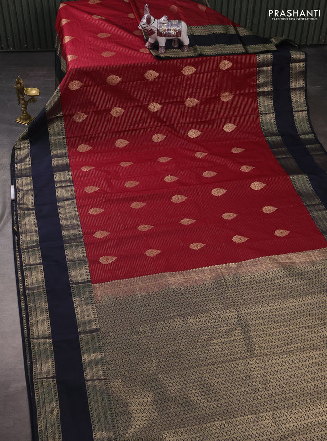 Semi kanchipuram silk saree maroon and black with allover zari weaves & buttas and long rettapet zari woven korvai border