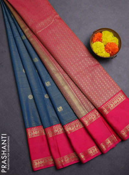 Semi kanchipuram silk saree peacock blue and pink with allover zari weaves & buttas and rettapet zari woven border