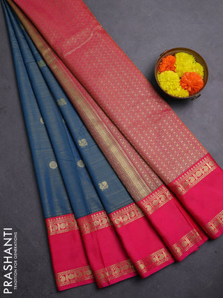 Semi kanchipuram silk saree peacock blue and pink with allover zari weaves & buttas and rettapet zari woven border