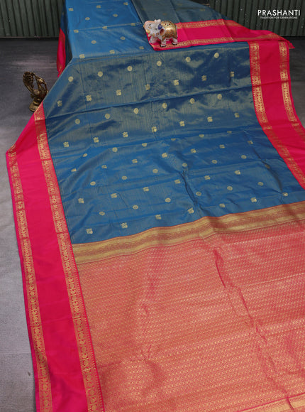Semi kanchipuram silk saree peacock blue and pink with allover zari weaves & buttas and rettapet zari woven border