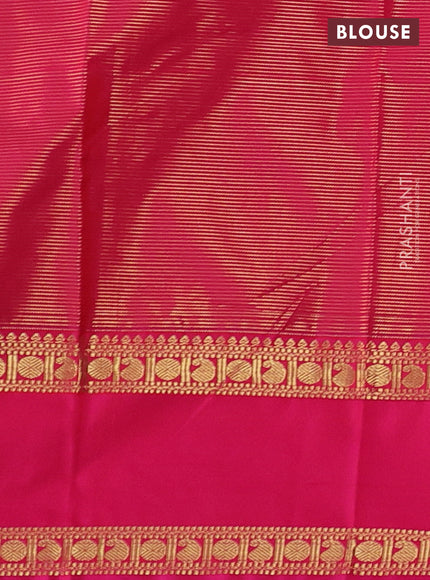 Semi kanchipuram silk saree peacock blue and pink with allover zari weaves & buttas and rettapet zari woven border