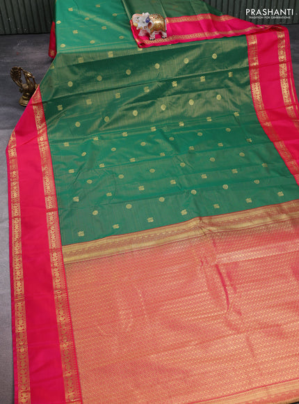 Semi kanchipuram silk saree green and pink with allover zari weaves & buttas and rettapet zari woven border