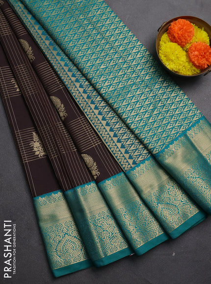 Semi kanchipuram silk saree coffee brown and teal green with allover zari checks & buttas and zari woven korvai border