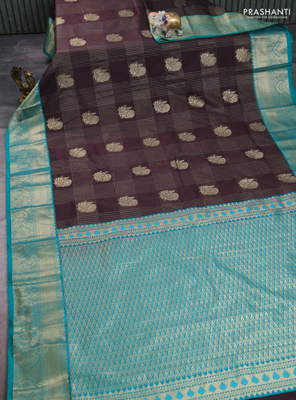 Semi kanchipuram silk saree coffee brown and teal green with allover zari checks & buttas and zari woven korvai border
