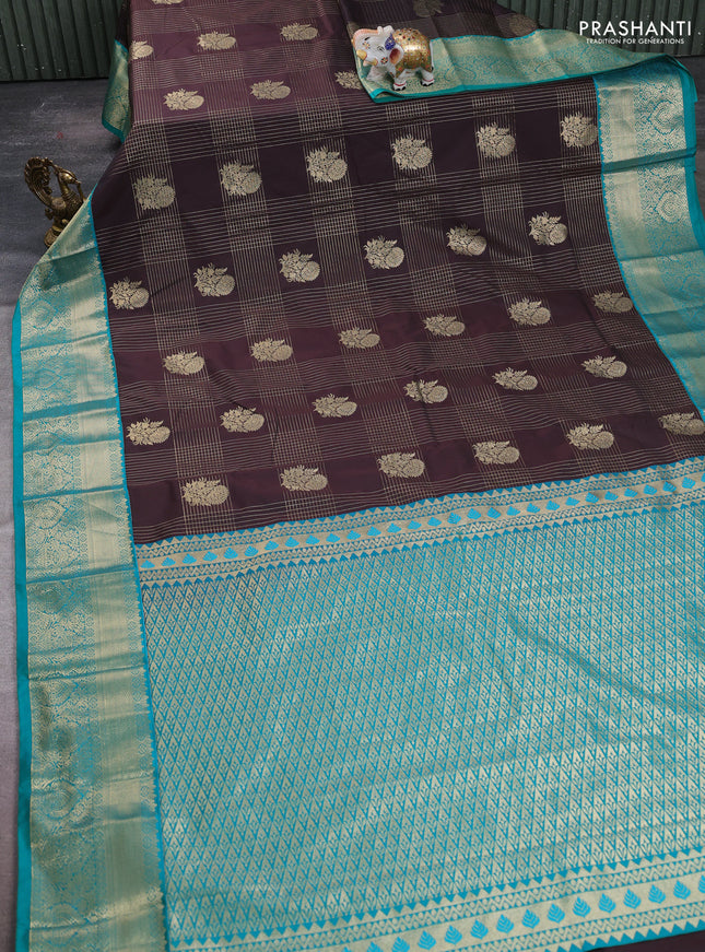 Semi kanchipuram silk saree coffee brown and teal green with allover zari checks & buttas and zari woven korvai border