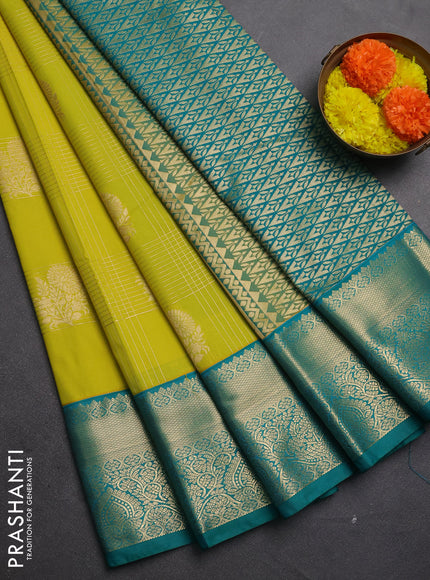 Semi kanchipuram silk saree lime green and teal green with allover zari checks & buttas and zari woven korvai border