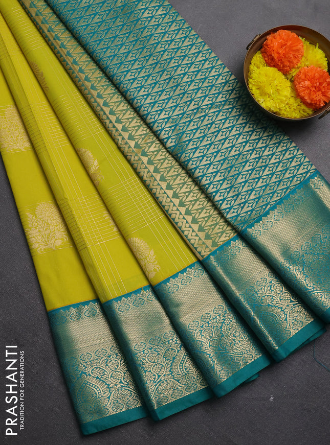 Semi kanchipuram silk saree lime green and teal green with allover zari checks & buttas and zari woven korvai border