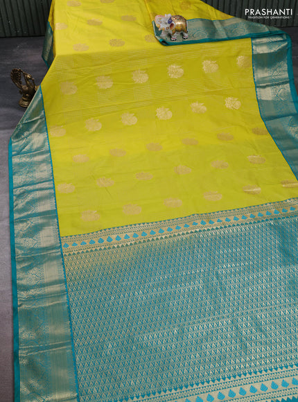 Semi kanchipuram silk saree lime green and teal green with allover zari checks & buttas and zari woven korvai border