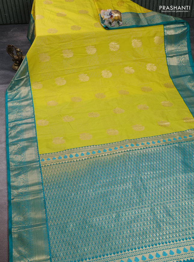 Semi kanchipuram silk saree lime green and teal green with allover zari checks & buttas and zari woven korvai border