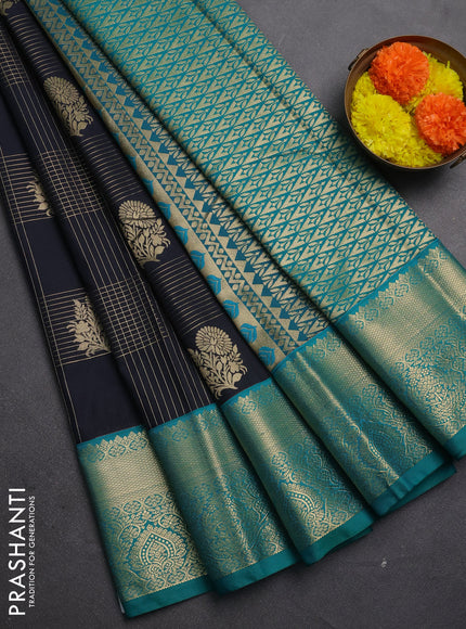 Semi kanchipuram silk saree black and teal green with allover zari checks & buttas and zari woven korvai border