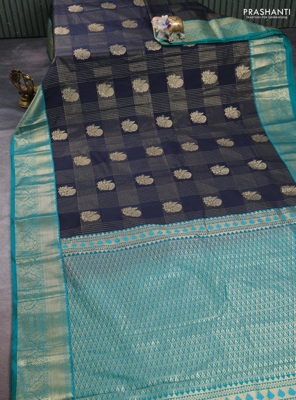 Semi kanchipuram silk saree black and teal green with allover zari checks & buttas and zari woven korvai border