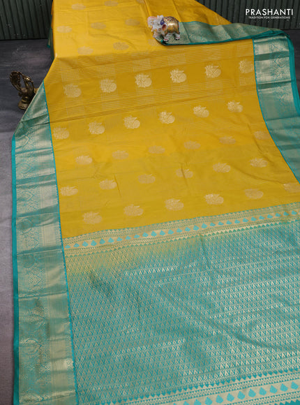 Semi kanchipuram silk saree mustard yellow and teal green with allover zari checks & buttas and zari woven korvai border