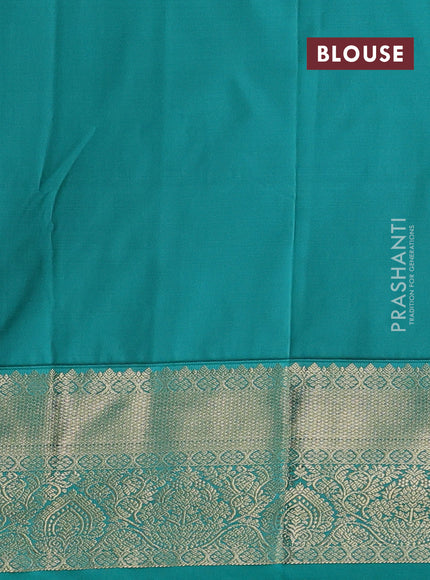 Semi kanchipuram silk saree mustard yellow and teal green with allover zari checks & buttas and zari woven korvai border