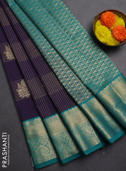 Semi kanchipuram silk saree deep purple and teal green with allover zari checks & buttas and zari woven korvai border