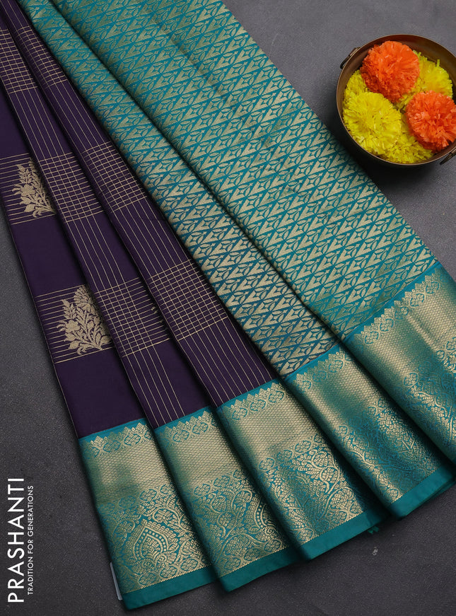 Semi kanchipuram silk saree deep purple and teal green with allover zari checks & buttas and zari woven korvai border