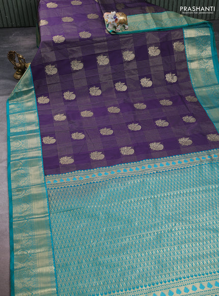 Semi kanchipuram silk saree deep purple and teal green with allover zari checks & buttas and zari woven korvai border