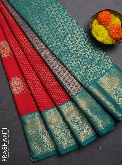 Semi kanchipuram silk saree red and teal green with allover zari checks & buttas and zari woven korvai border