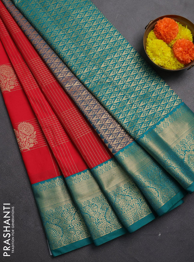 Semi kanchipuram silk saree red and teal green with allover zari checks & buttas and zari woven korvai border