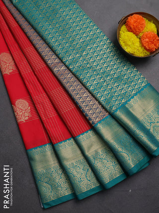 Semi kanchipuram silk saree red and teal green with allover zari checks & buttas and zari woven korvai border
