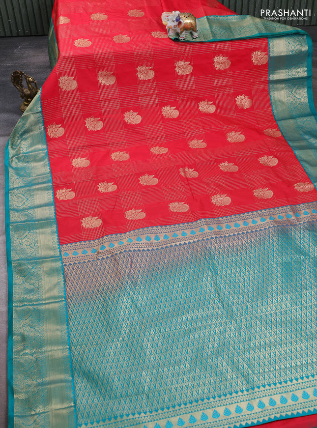 Semi kanchipuram silk saree red and teal green with allover zari checks & buttas and zari woven korvai border