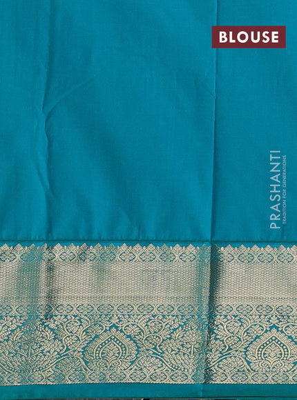 Semi kanchipuram silk saree red and teal green with allover zari checks & buttas and zari woven korvai border