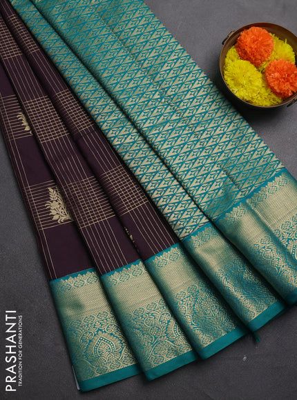 Semi kanchipuram silk saree deep wine and teal green with allover zari checks & buttas and zari woven korvai border