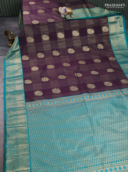 Semi kanchipuram silk saree deep wine and teal green with allover zari checks & buttas and zari woven korvai border