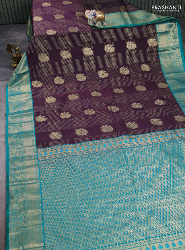 Semi kanchipuram silk saree deep wine and teal green with allover zari checks & buttas and zari woven korvai border