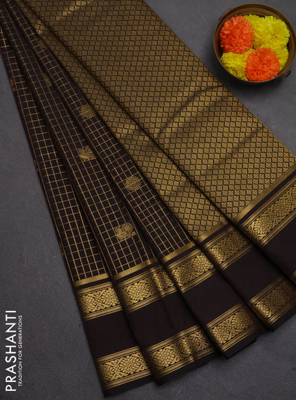 Semi kanchipuram silk saree coffee brown with allover zari checks & buttas and rettapet zari woven border