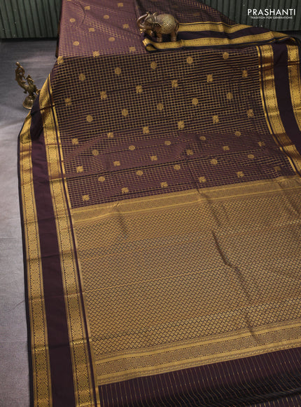 Semi kanchipuram silk saree coffee brown with allover zari checks & buttas and rettapet zari woven border