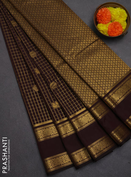 Semi kanchipuram silk saree coffee brown with allover zari checks & buttas and rettapet zari woven border