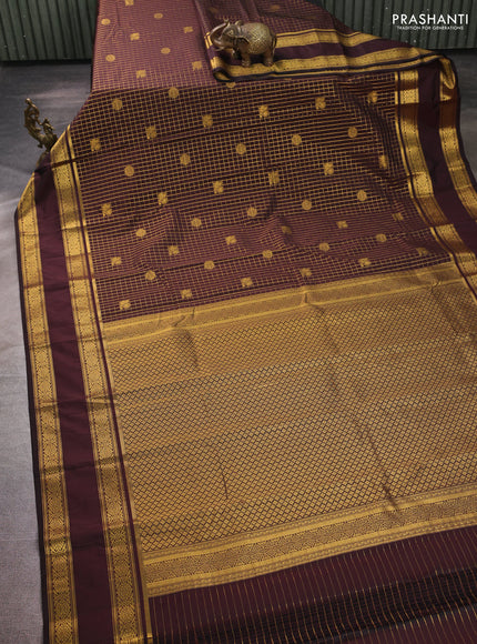 Semi kanchipuram silk saree coffee brown with allover zari checks & buttas and rettapet zari woven border