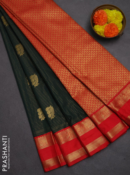 Semi kanchipuram silk saree bottle green and red with allover zari weaves & buttas and rettapet zari woven border