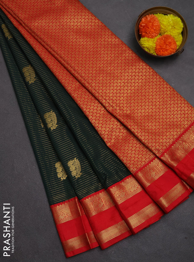 Semi kanchipuram silk saree bottle green and red with allover zari weaves & buttas and rettapet zari woven border