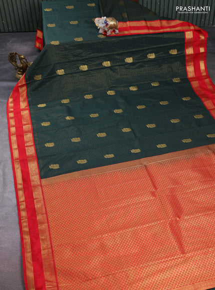 Semi kanchipuram silk saree bottle green and red with allover zari weaves & buttas and rettapet zari woven border