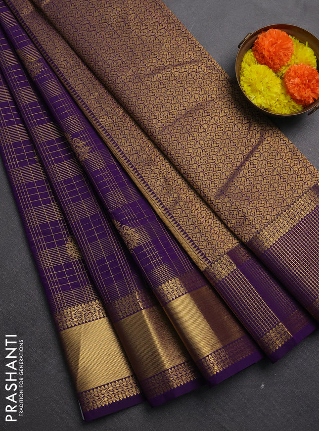 Semi kanchipuram silk saree purple with allover zari checks & buttas and rich zari woven korvai border