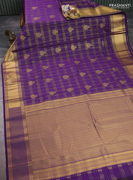 Semi kanchipuram silk saree purple with allover zari checks & buttas and rich zari woven korvai border