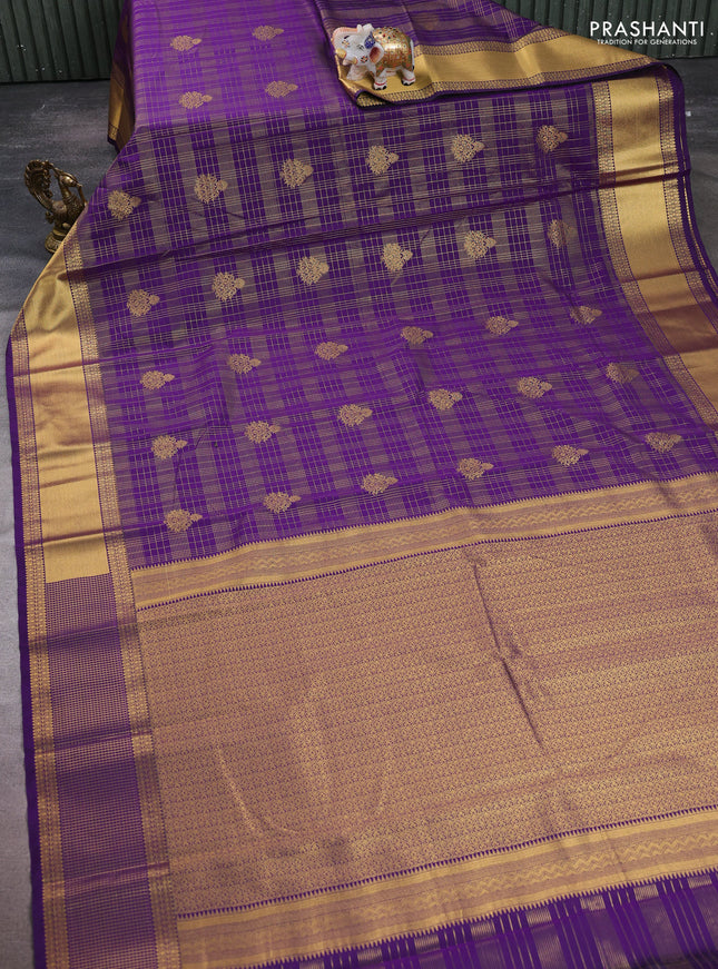 Semi kanchipuram silk saree purple with allover zari checks & buttas and rich zari woven korvai border