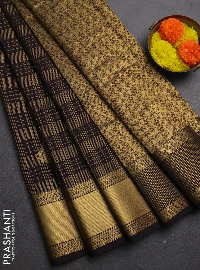 Semi kanchipuram silk saree coffee brown with allover zari checks & buttas and rich zari woven korvai border
