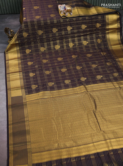 Semi kanchipuram silk saree coffee brown with allover zari checks & buttas and rich zari woven korvai border